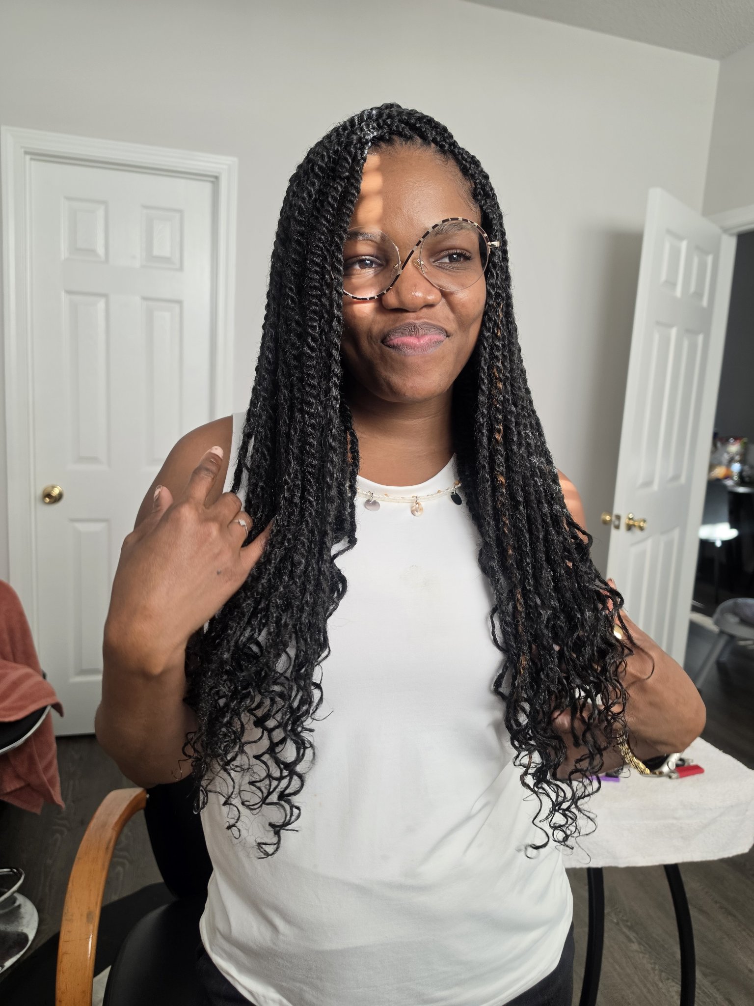 Long twists with curly ends, front view