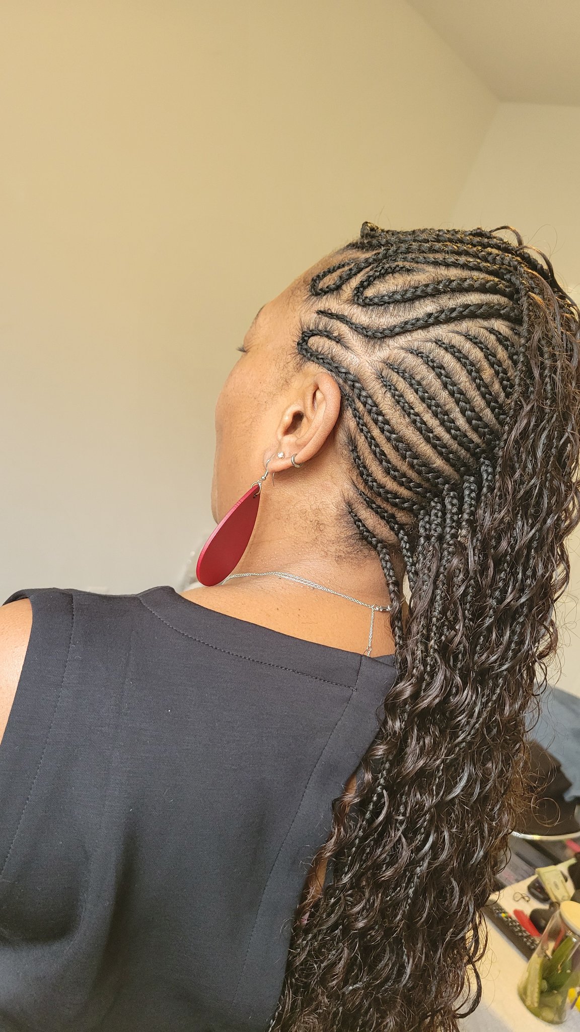 Patterned cornrows with curls, view 2