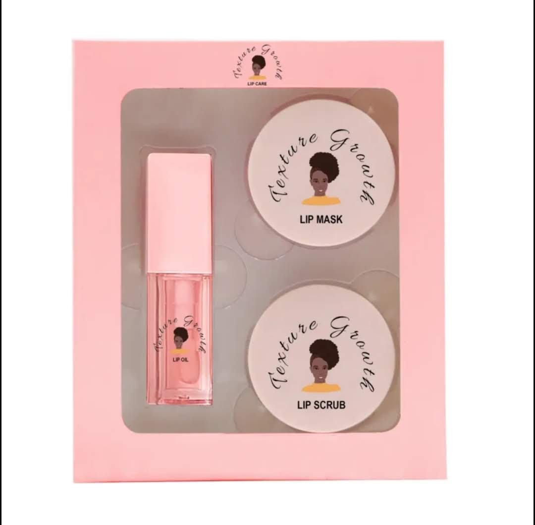 Texture Growth Lip Care Set in pink packaging — Lip Oil, Lip Mask and Lip Scrub