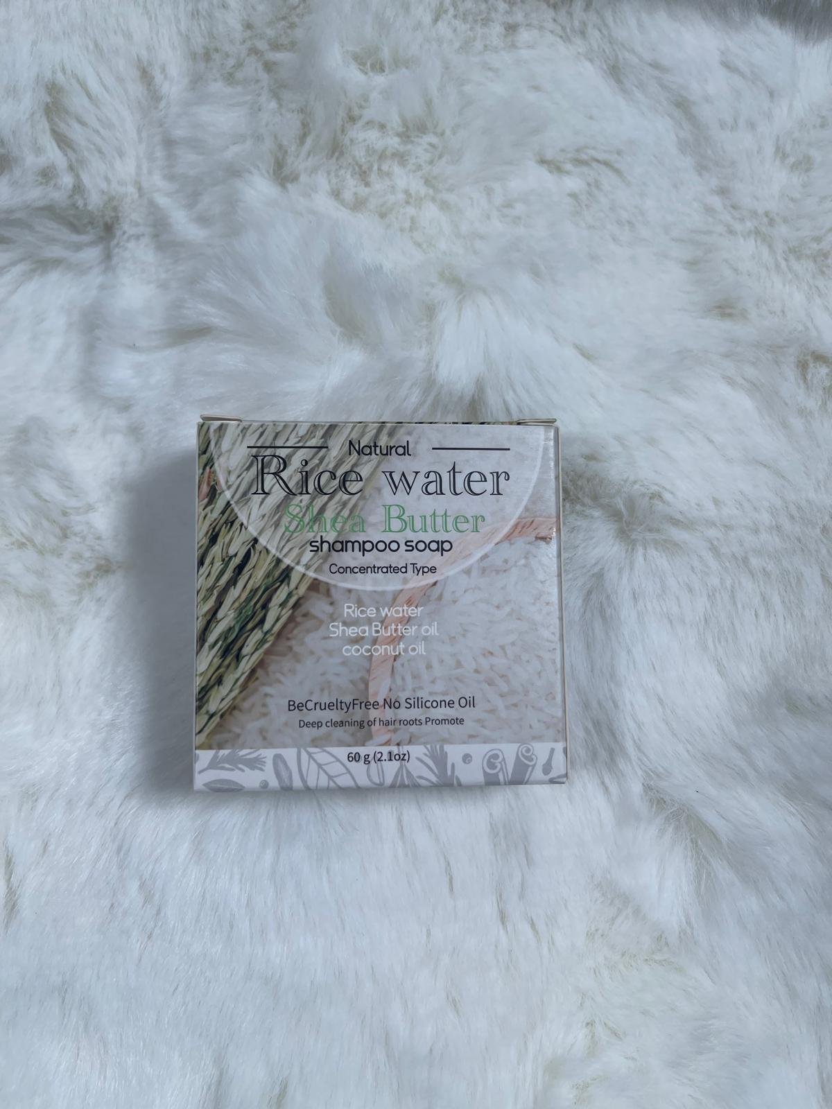 Rice Water Shea Butter Shampoo Soap box on a white fur background